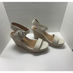 Wedge Sandals off white ankle strap, buckle closer cork